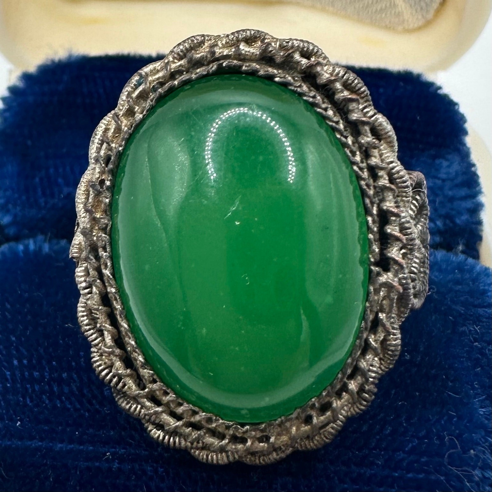 Vintage Chinese export green faux jade glass cabochon adjustable brass ring