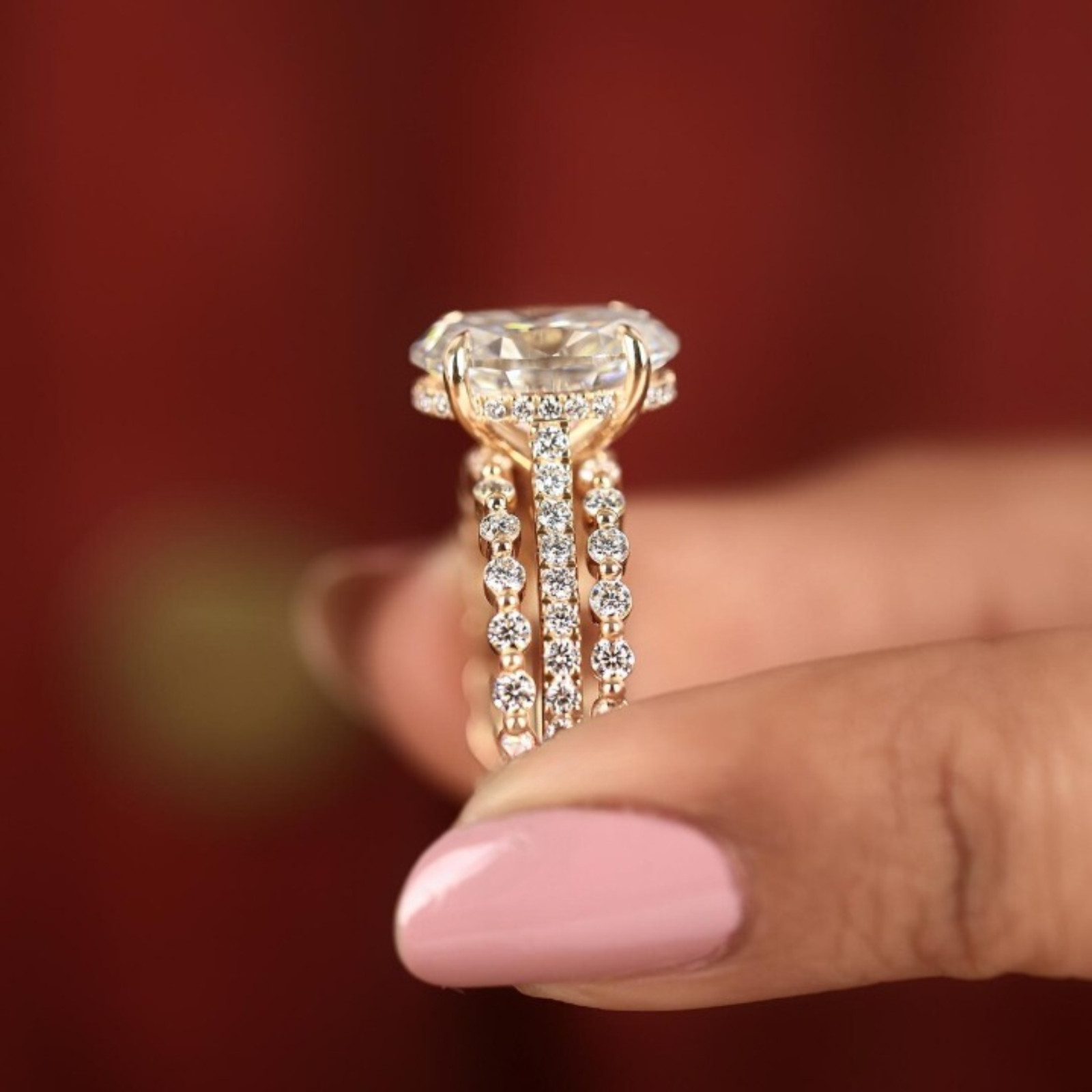 3 Carat Oval Cut Lab Grown Diamond Engagement Ring With 2 Bands | 14k Gold