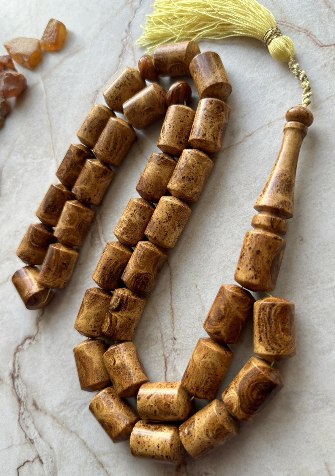 Big Baltic Amber 140g. Islamic Prayer Rosary Barrel 33 Brown Beads Pressed