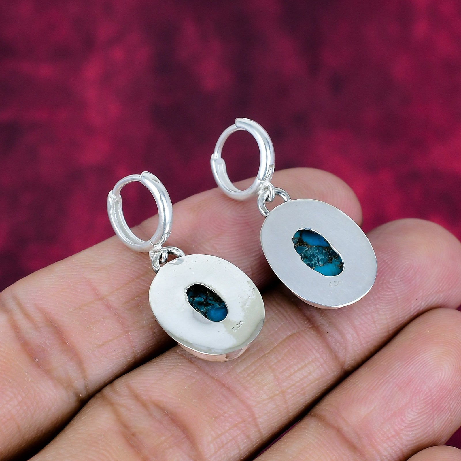 Blue Copper Turquoise Gemstone Handmade Jewelry 925 Sterling Silver Earrings