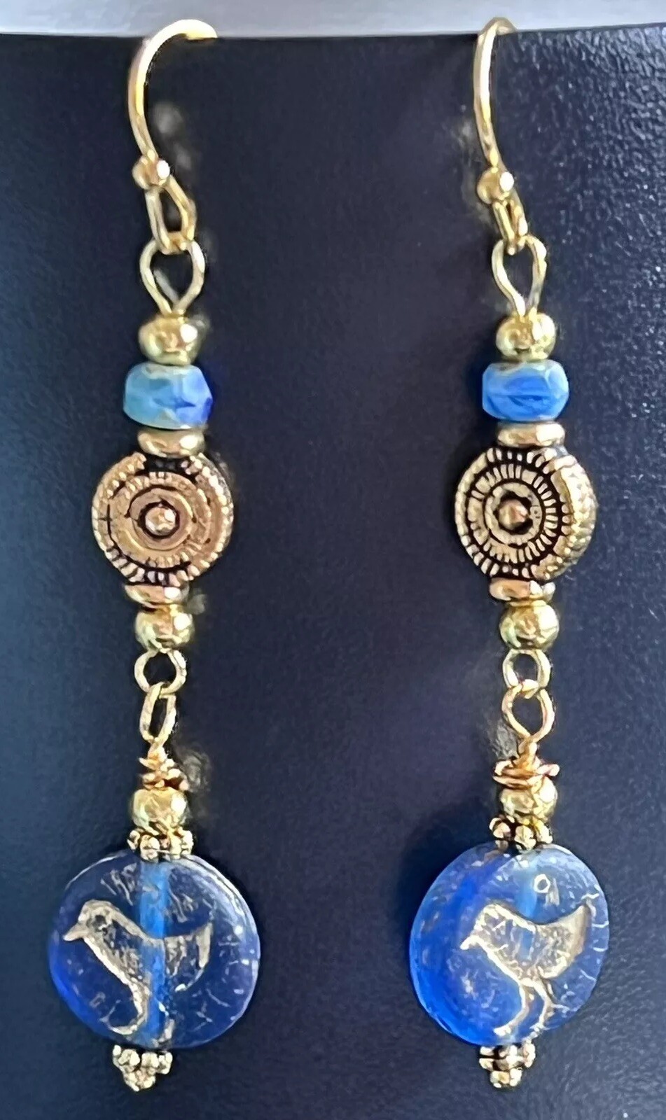 Sweet Etched Gold and Blue Bird Earrings. Love. Nature
