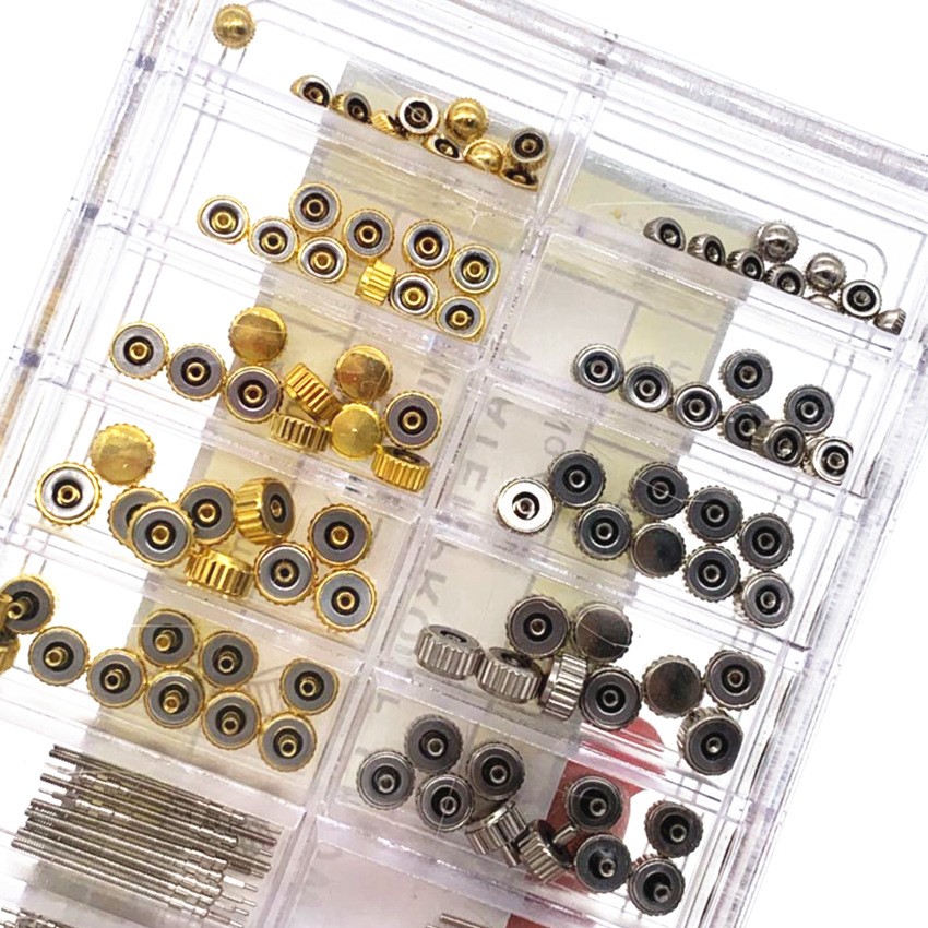 170pcs Mixed Gold Silver Watch Stem Crown Repair Parts Assortment Set Kit W/ Box