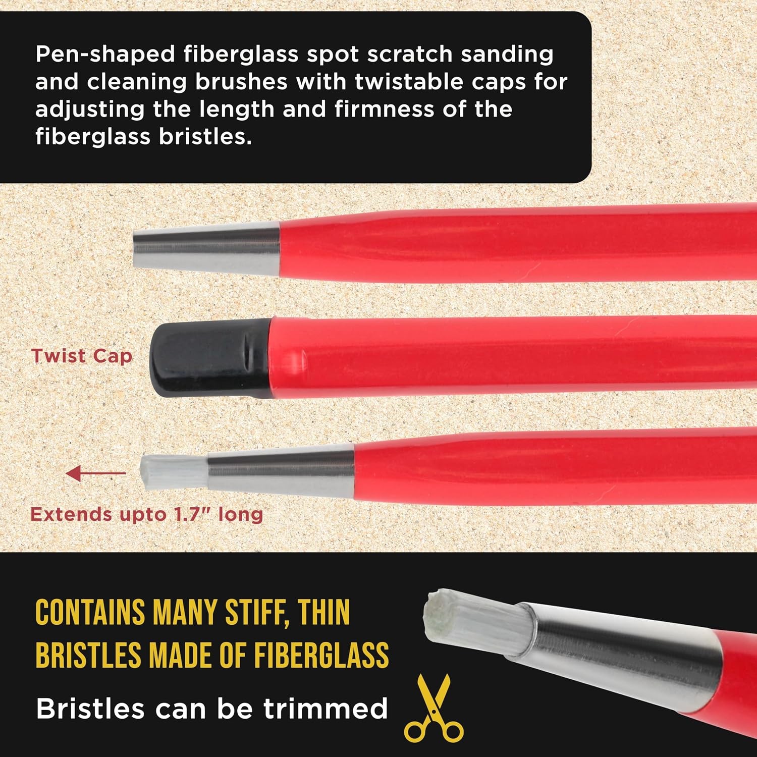 Fiberglass Scratch Brush Pen Dura Gold 3 Pack for Metal