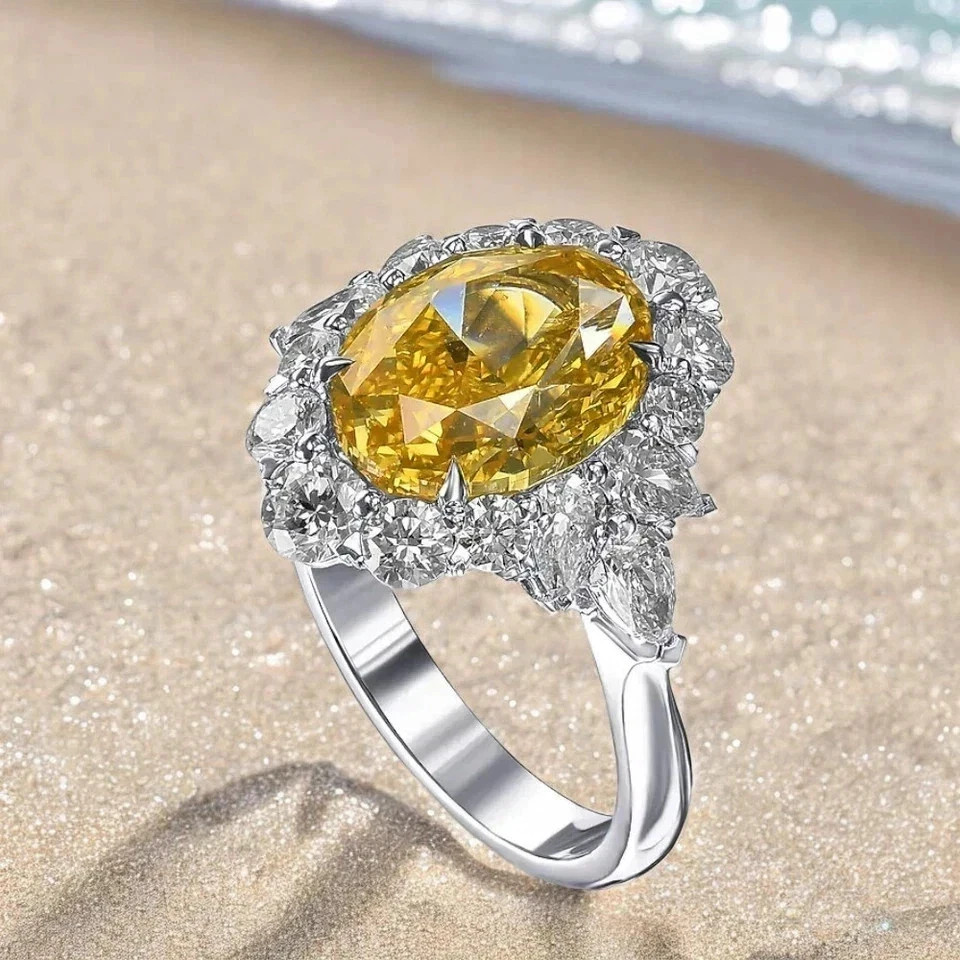 6.60 Ct Oval Cut Natural Yellow Sapphire & Diamond Solid 14K White Gold Ring