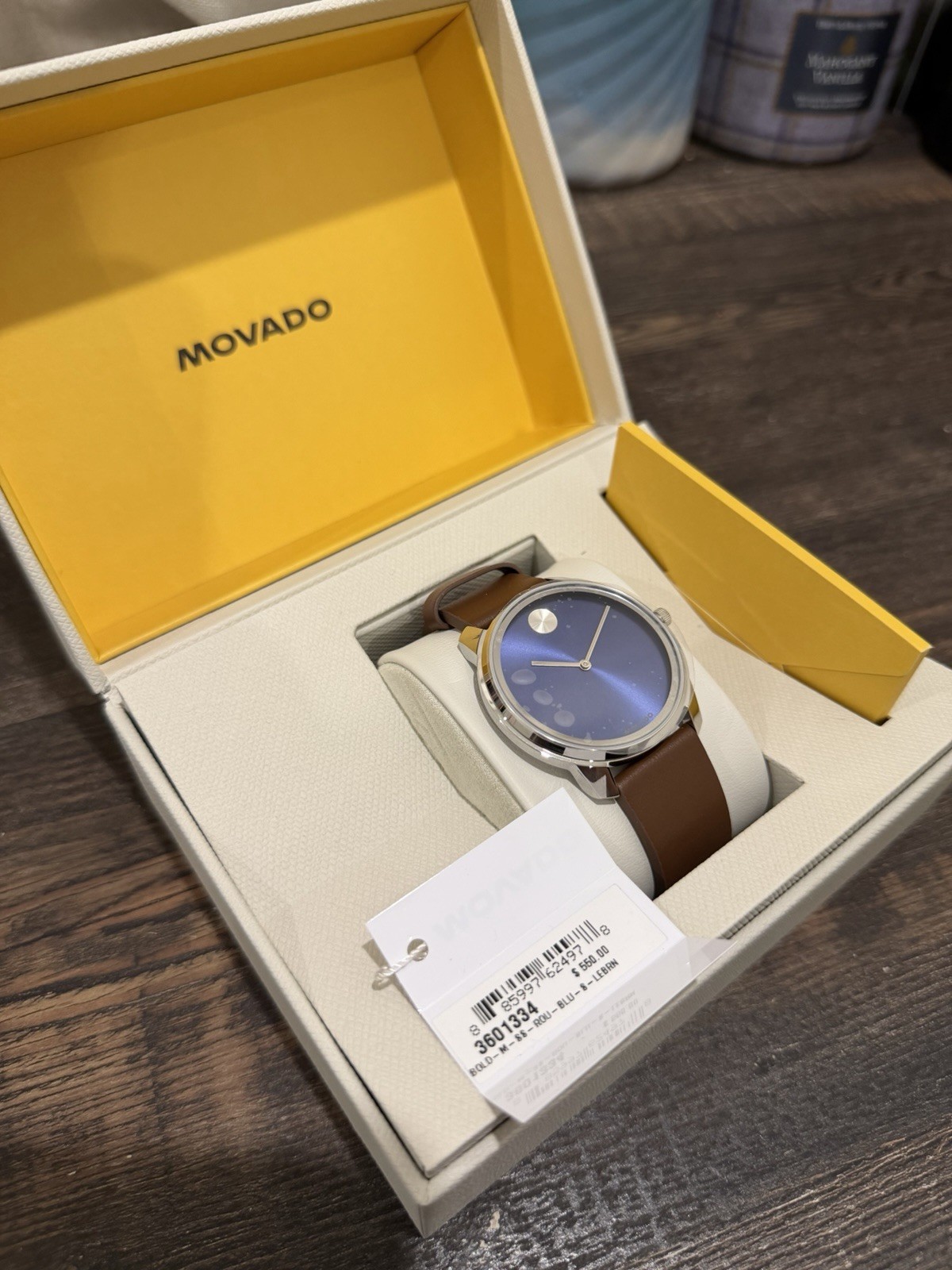 Movado bold 3601334 Blue Dial Brown Leather Strap Watch w/ Box