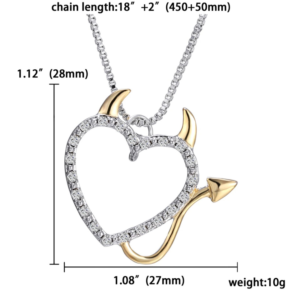 DEVIL LOVE HEART CRYSTAL PENDANT NECKLACE WITH HORNS SILVER & GOLD