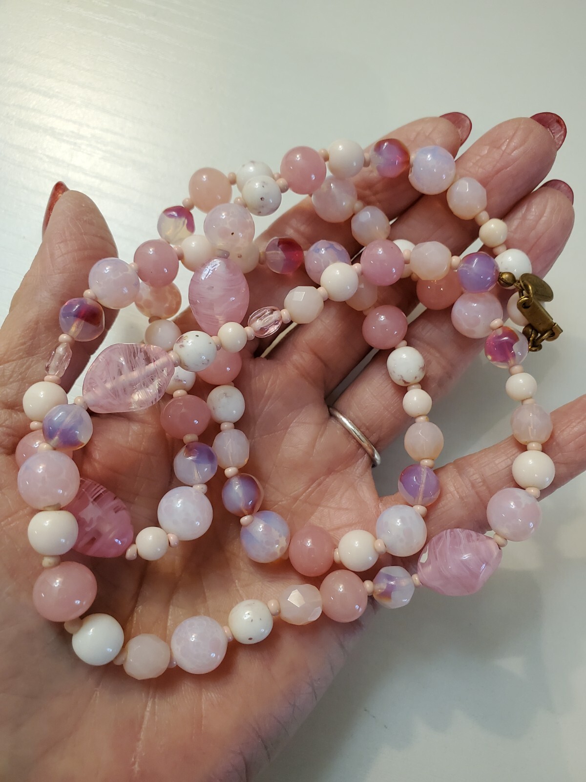 Vtg. Miriam Haskell Pink Glass Beaded Necklace Single Strand Push Lock Closure