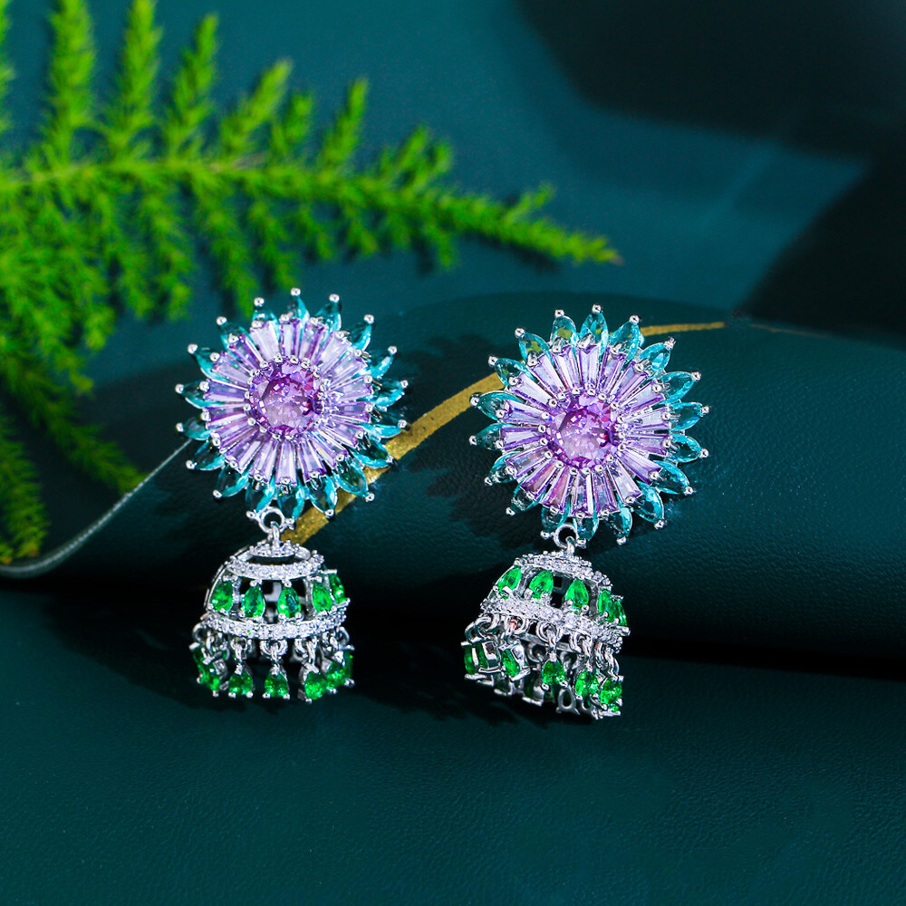 Silver Plated Green Purple Flower Tassel Dangle Earrings Women Zirconia Jewelry