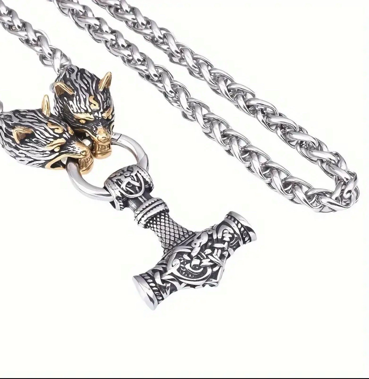 Byzantine Chain Necklace with Viking Hammer Wolf Head Pendant, Gold Silver Black