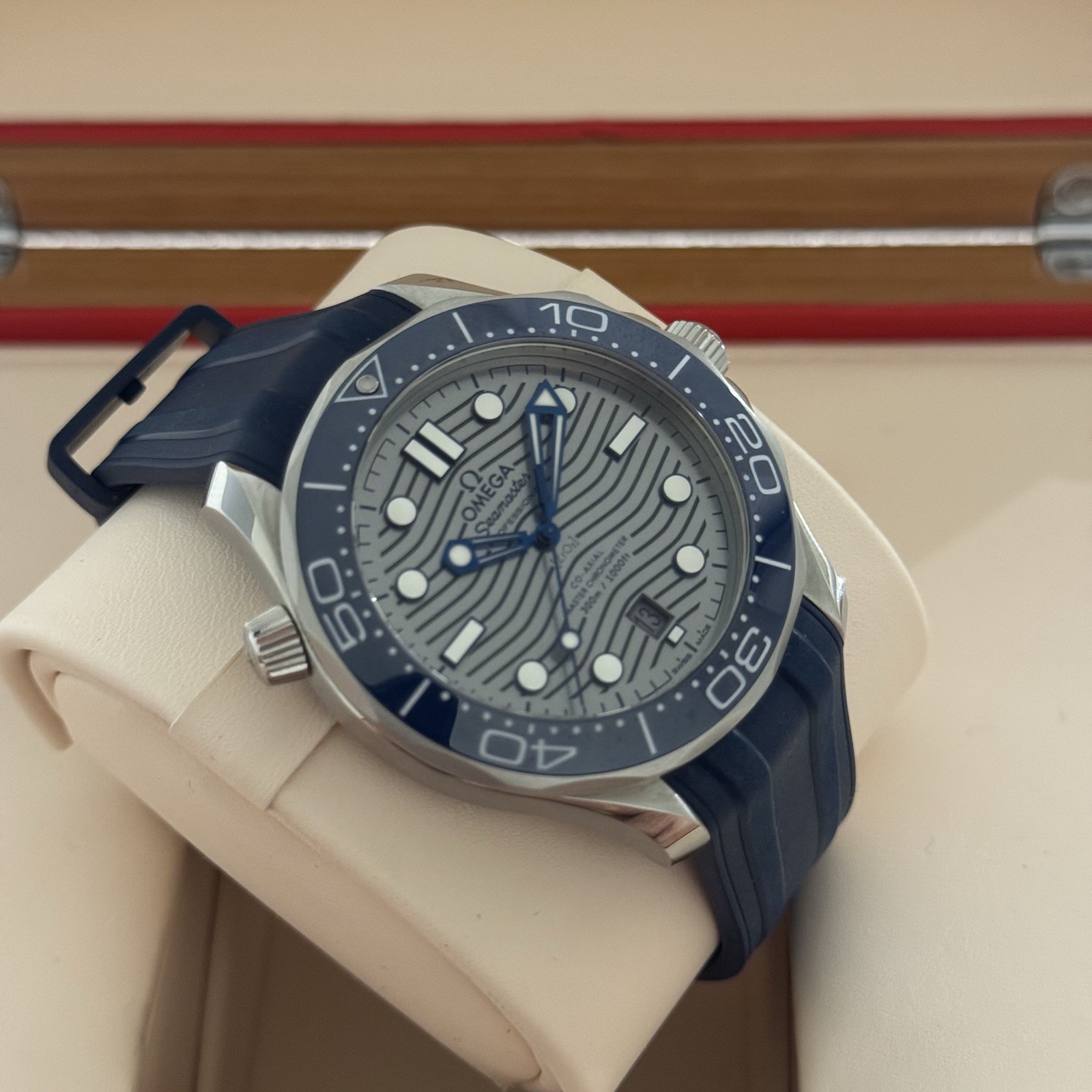 Omega Seamaster Diver 300M Gray Dial Blue Bezel 42mm Rubber & Steel Bracelet