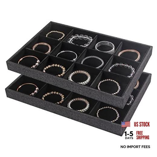 2Pcs 12 Grids Stackable Jewelry Organizer 12 Grid Tray + 12 Grid Tray Black
