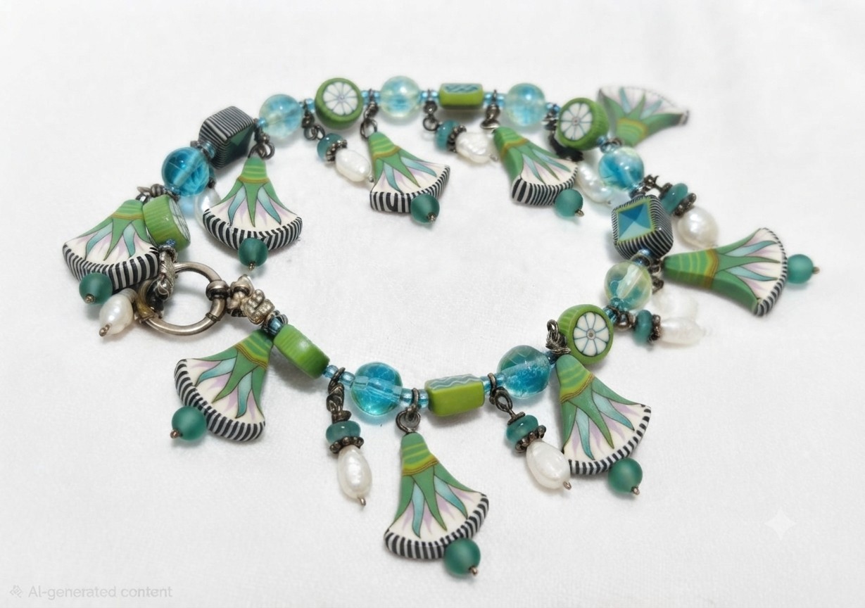 ​Designer Boho Chic Green Millefiori & Pearl Dangle Charm Toggle Bracelet