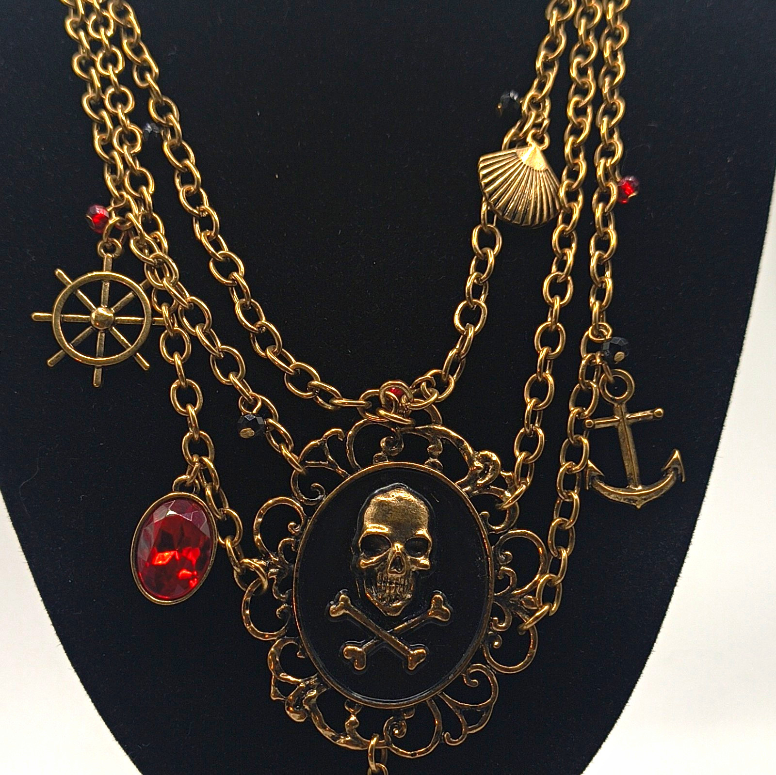Gold Tone Cable Chain Layered Charm Necklace Nautical Pirate Red Oval Glass
