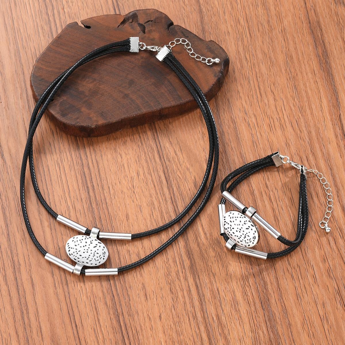 Vintage Oval Faux Leather Necklace Bracelet Set Women Gold Silver 2pc Jewelry
