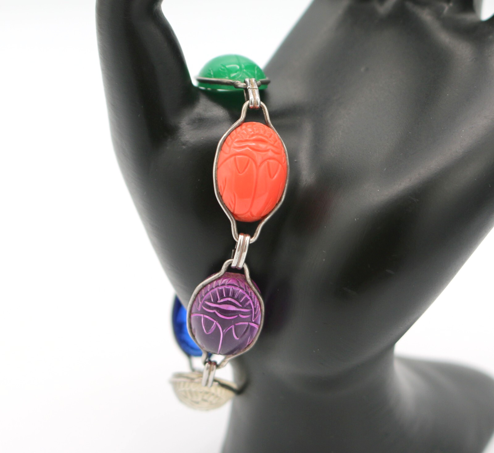Vintage Truart Sterling Silver Carved Lucite Scarab Bracelet 7 IN 8.8 Grams