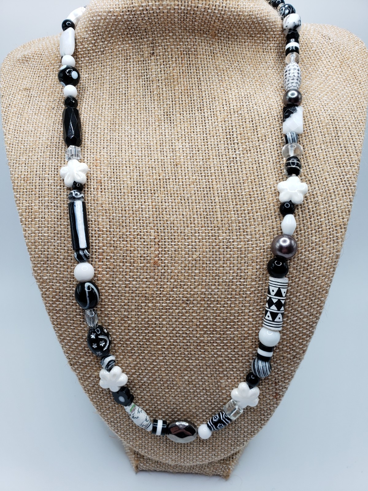 Handmade Black White Bead Necklace 21” Mixed Media OOAK Bead Soup Statement