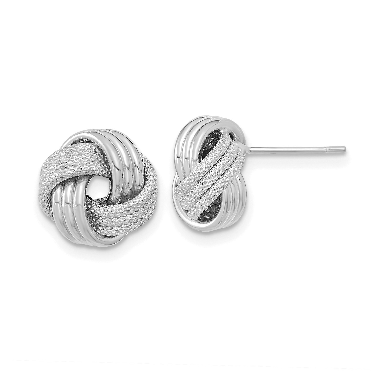 14k White Gold Textured Love Knot Post Earrings Push Back 10.5 x 11.5 mm