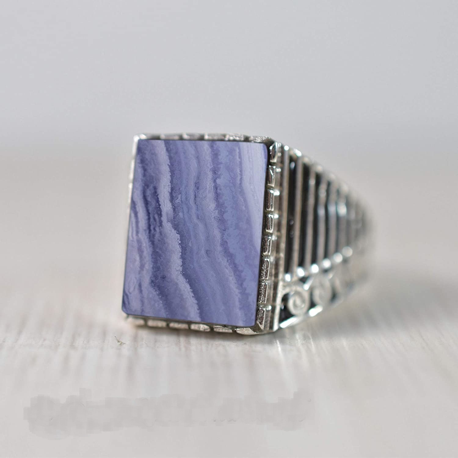 Solid 925 Sterling Silver Natural Blue Lace Agate Gemstone Men’s Unisex Ring