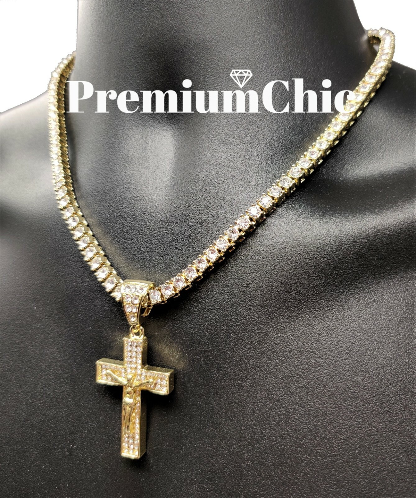 ICED Jesus Cross Pendant Necklace w Rope or Tennis Chain Mens Plated CZ Jewelry