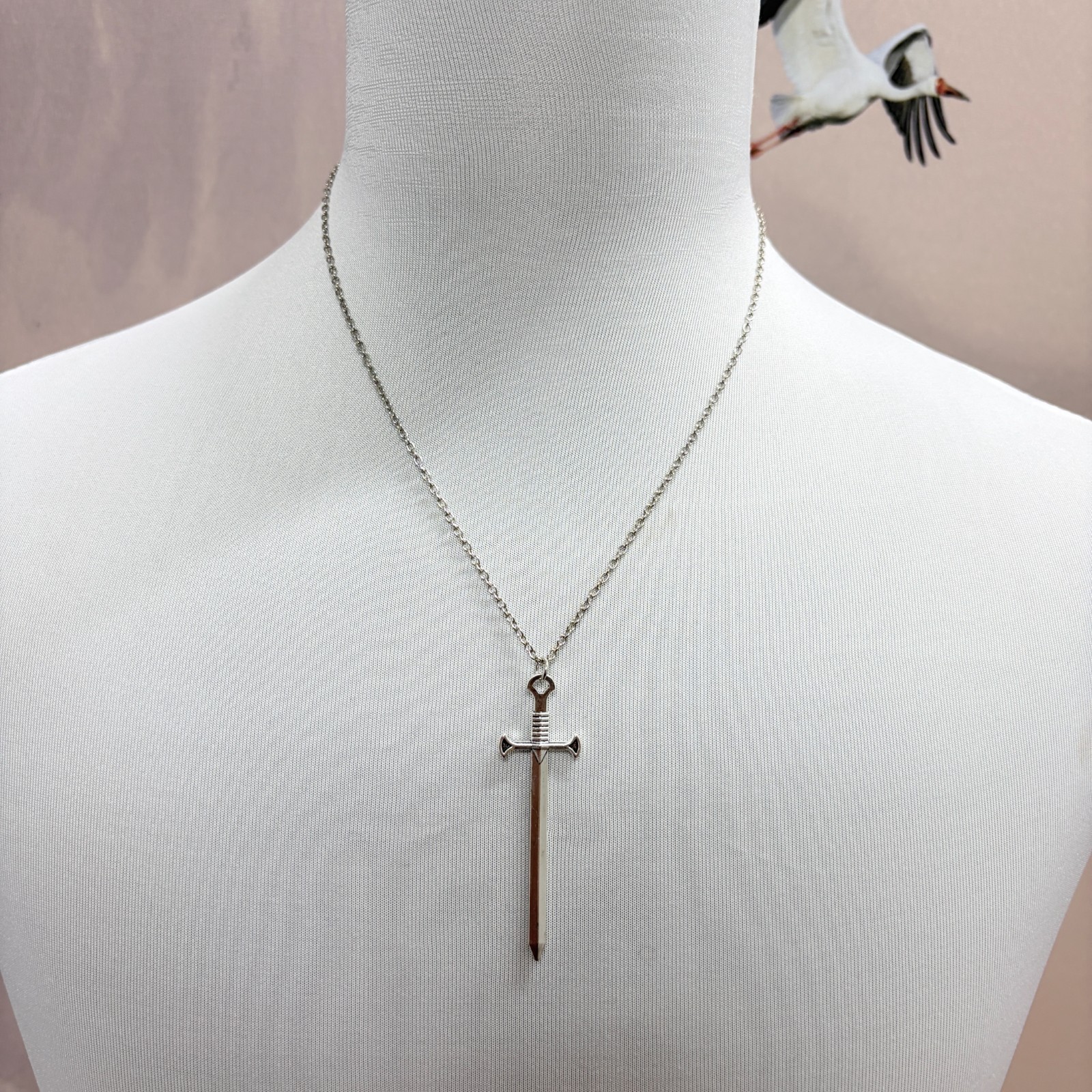 Silver Red Inlay Sword Pendant Rope Chain Necklace