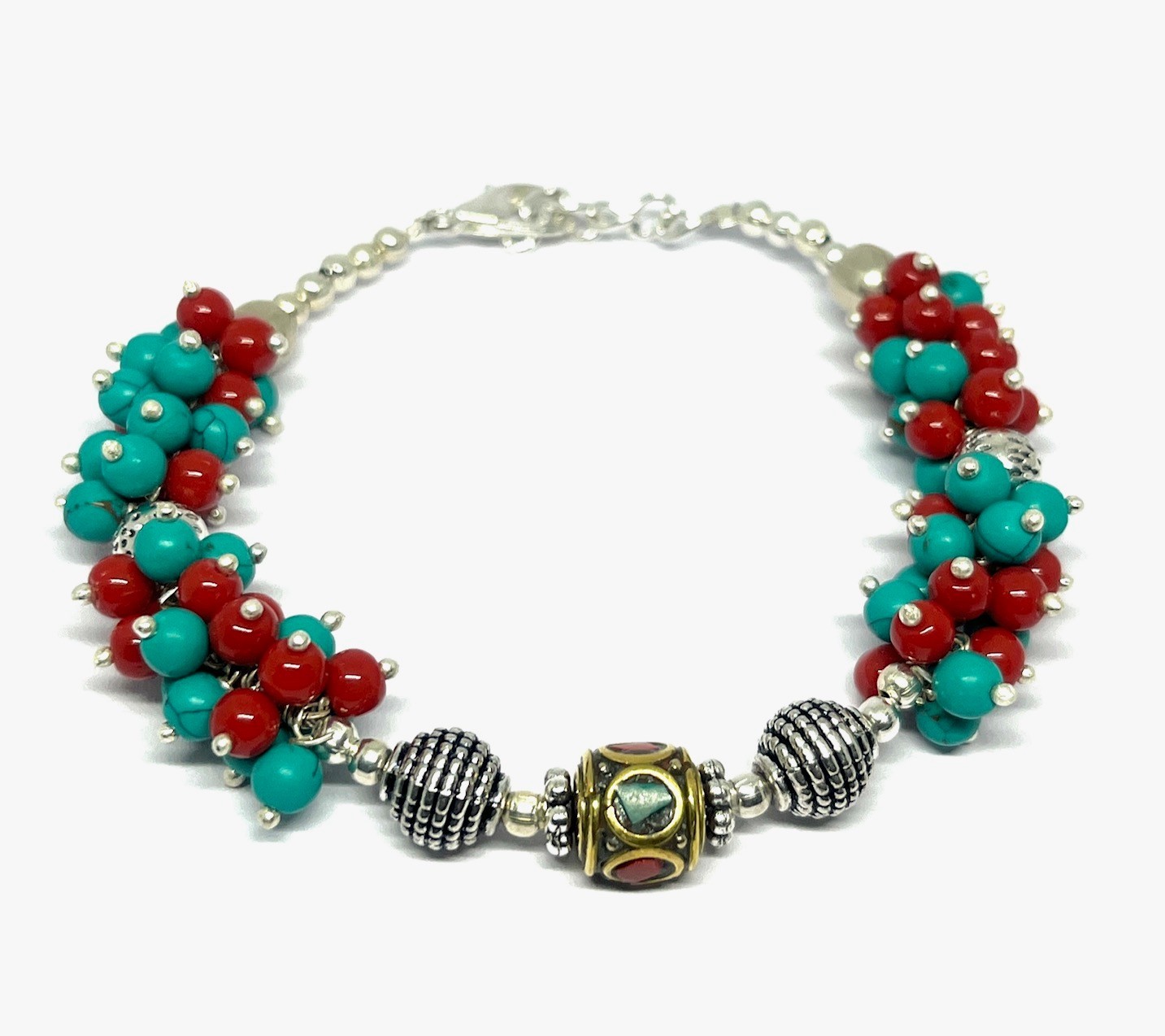 Ethnic Turquoise Red Coral Gemstone Tibetan Style Bracelet Jewelry, 7.0 Inch Adj