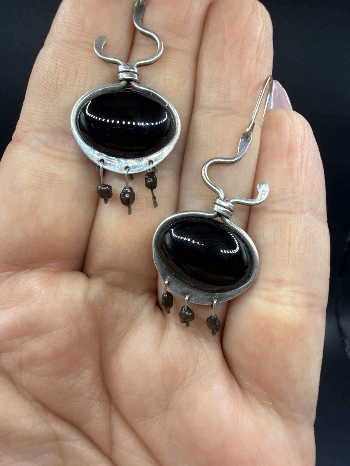 Black Onyx Dangle Ellipse Cabochon Silver Drop Earrings