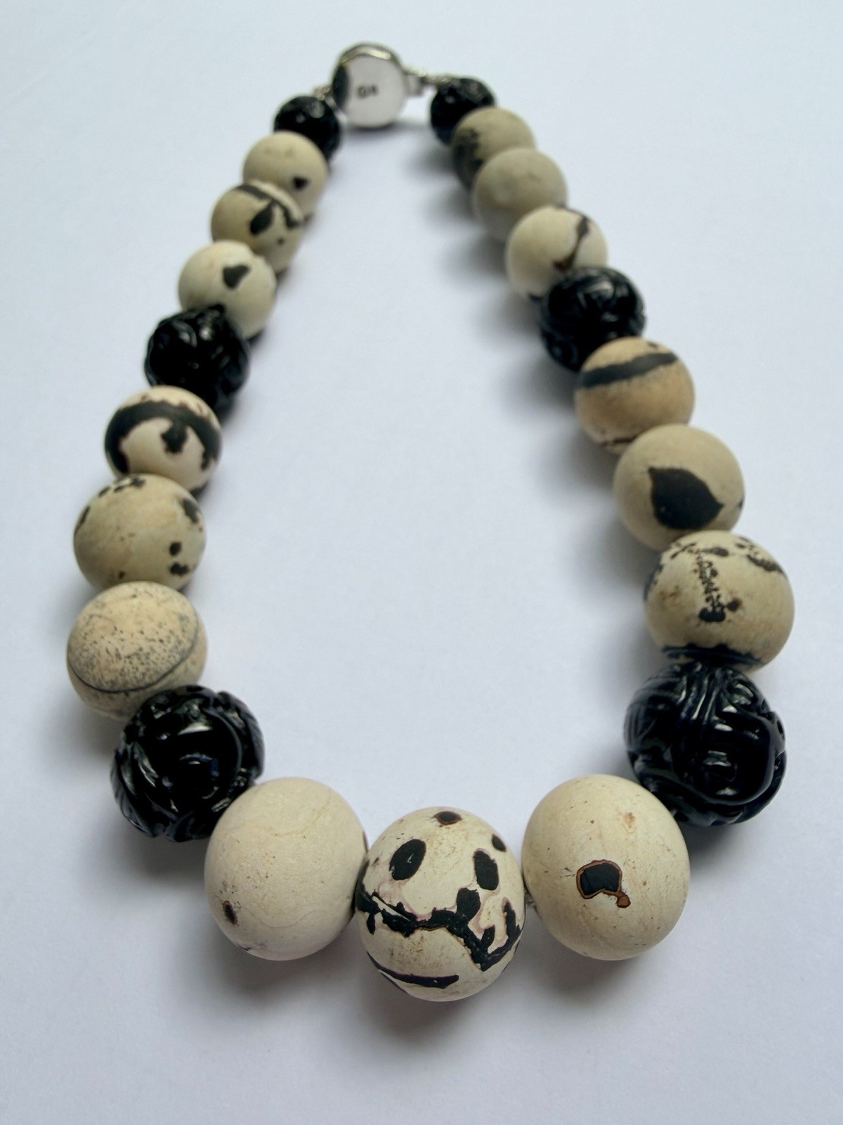 One-of-a-Kind Design 925 Carved Onyx & Matte Variegated Jasper Choker necklace