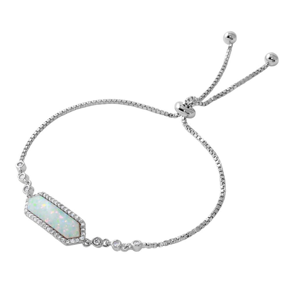 925 STERLING SILVER LARIAT BRACELET W/ OPAL & LAB DIAMONDS / 9” ADJUSTABLE