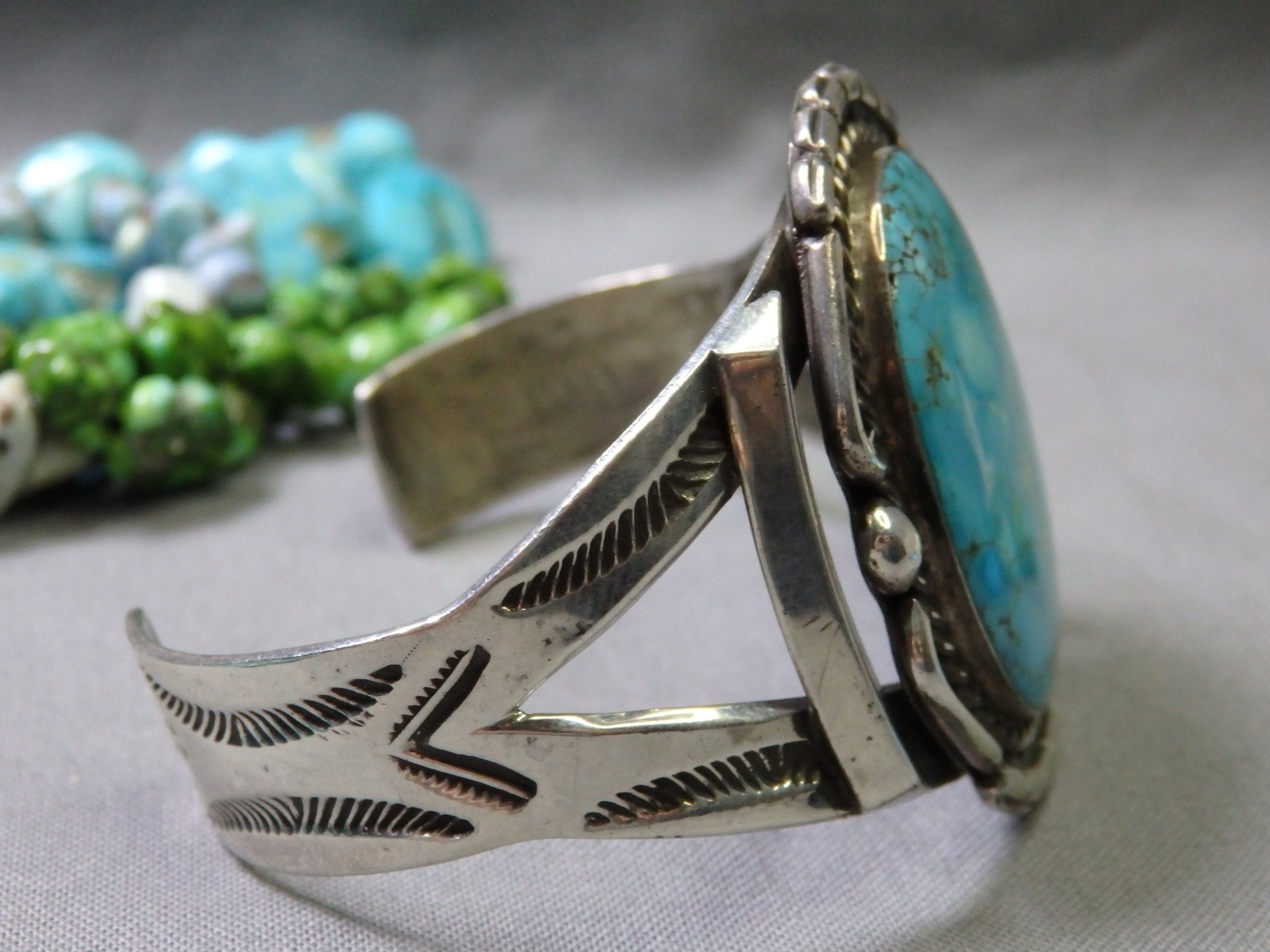 Fred Harvey Era NAVAJO Natural BLUE GEM TURQUOISE Coin Silver 50g CUFF Bracelet