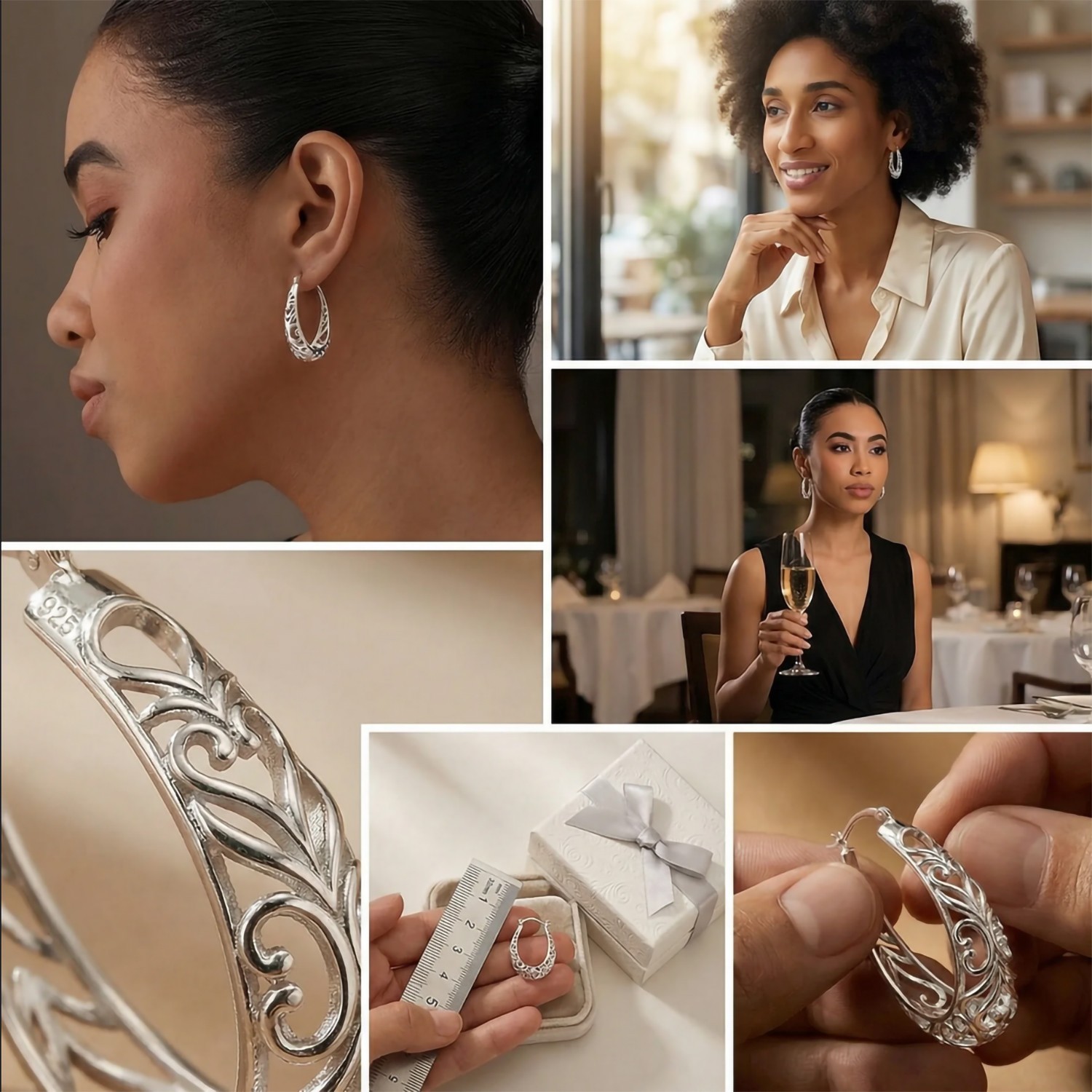LeCalla 925 Sterling Silver Post Filigree Oval Hoop Earrings for Women 32 mm
