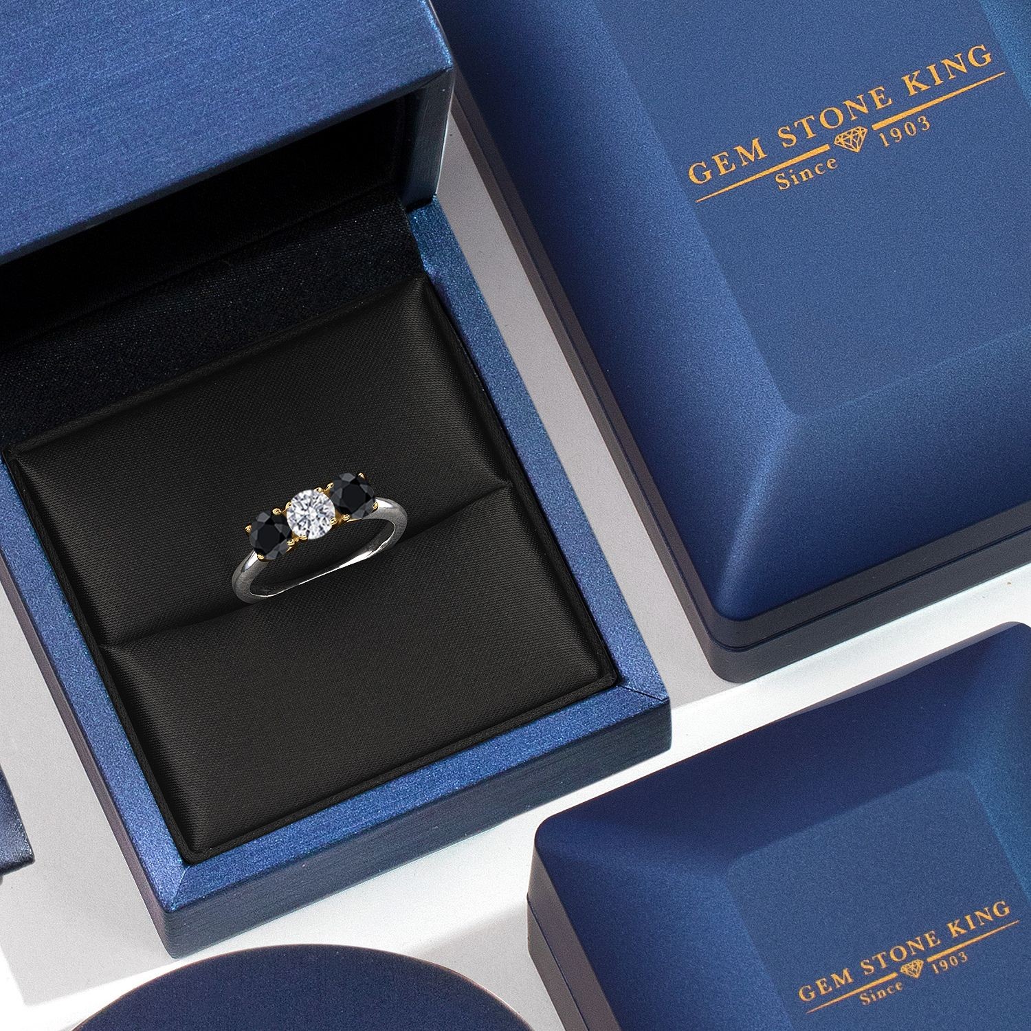 925 Silver and 10K Yellow Gold Lab Grown Diamond and Black Sapphire Engagement