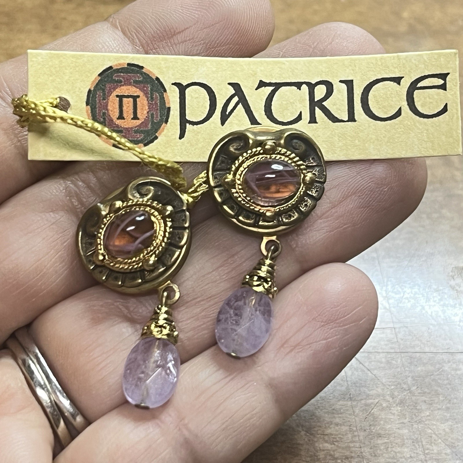 NOS PATRICE Genuine Amethyst Earrings w/Cabochon Bavarian Glass 24KGP Over Brass