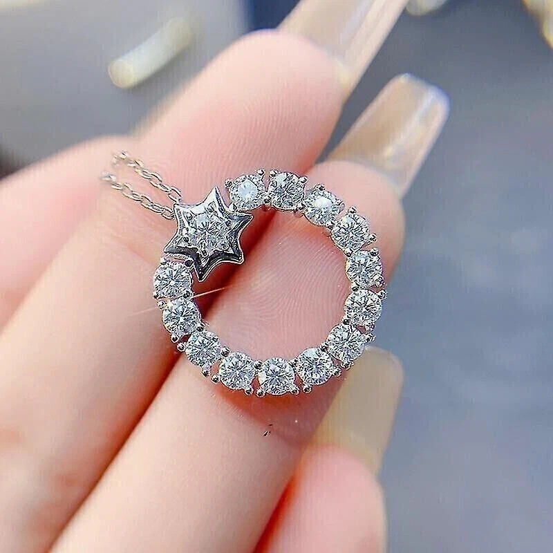 2.00 Ct Round Cut Real Moissanite Circle Star Pendant 14K White Gold Plated