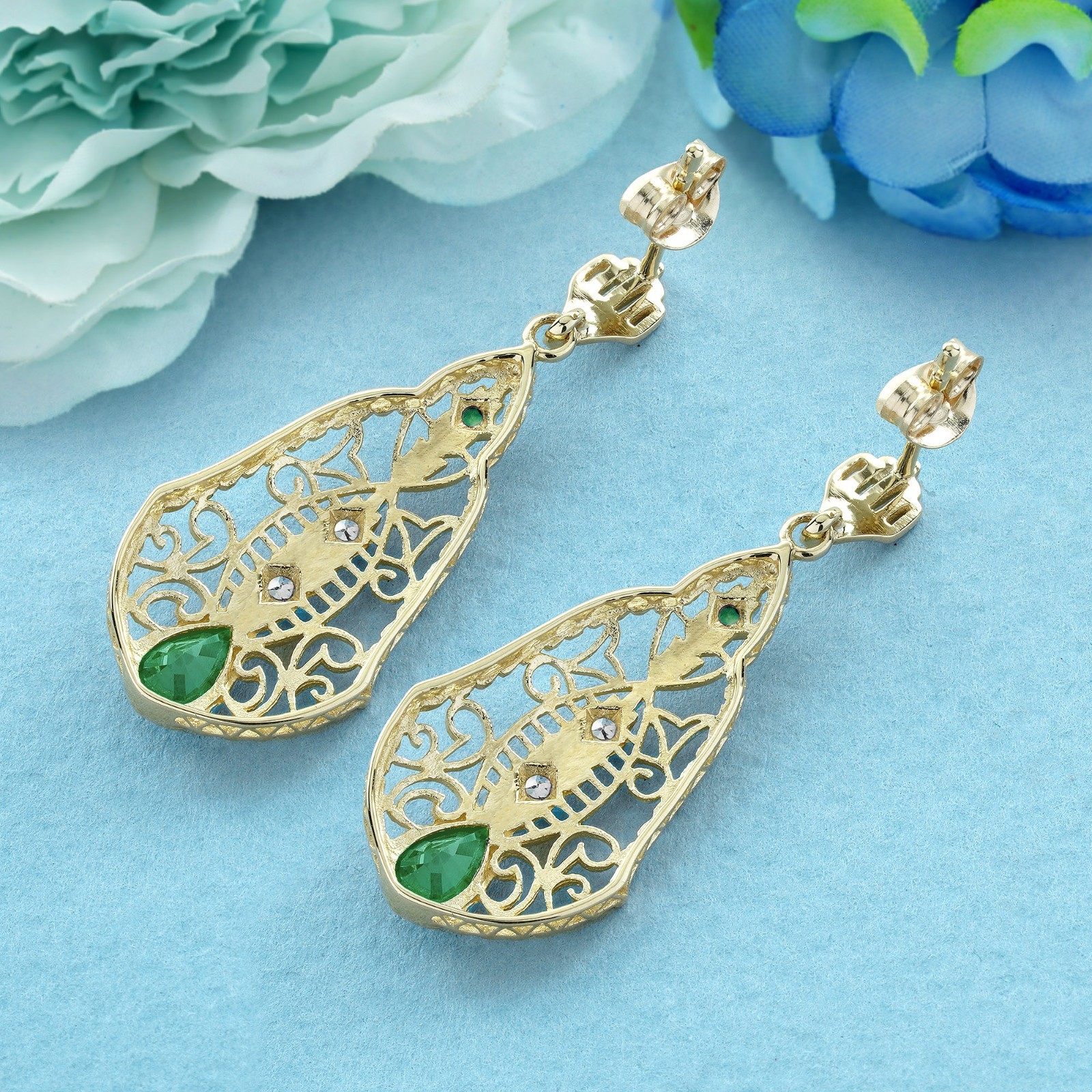 9K Yellow Gold Emerald Diamond Accent Teardrop Filigree Earrings