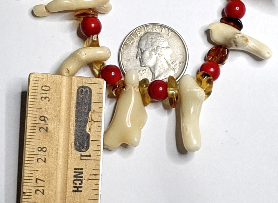Natural White and Red Coral with Amber Adjustable Neckalce.