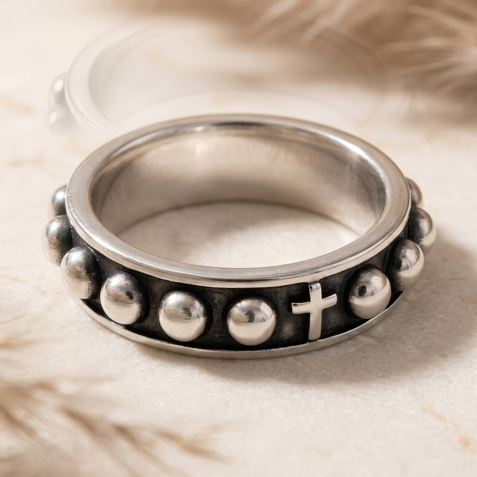 Catholic Rosary Ring Sterling Silver Oxidized Decade Prayer Band Cross Unisex