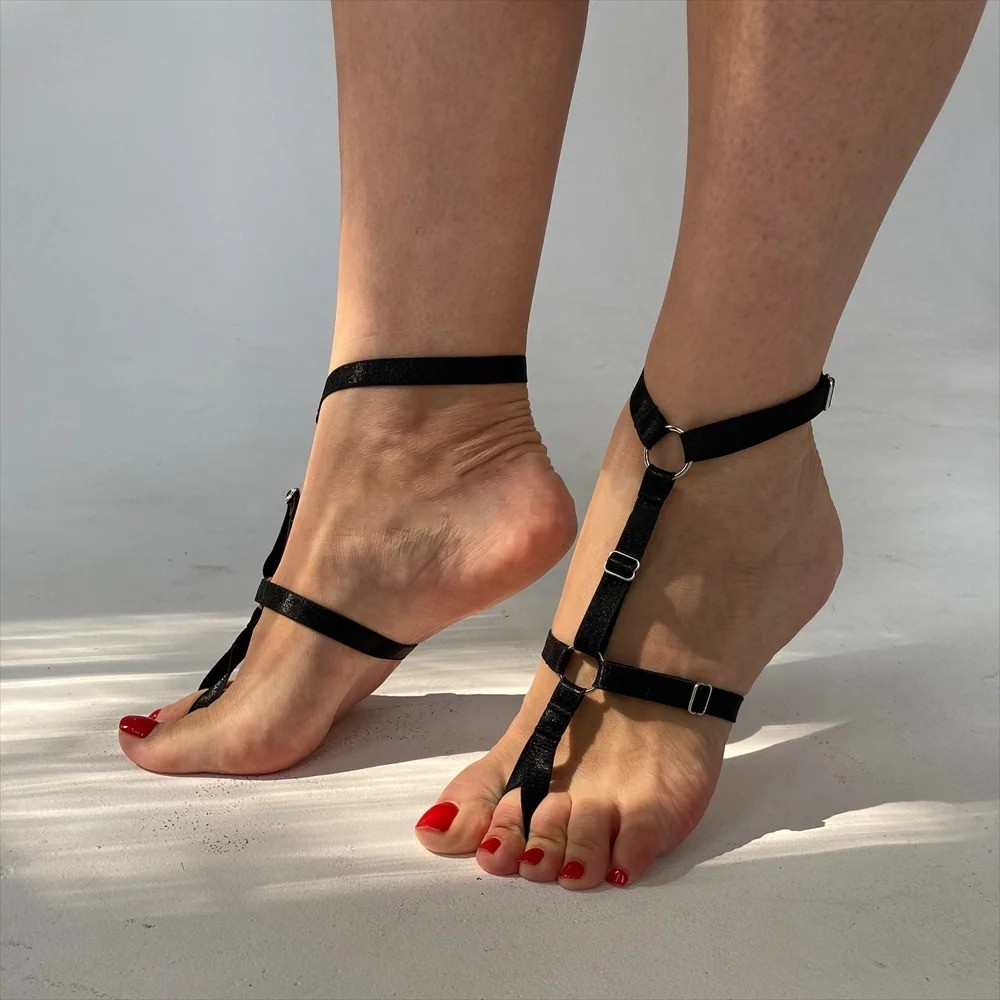 Barefoot Sandal Anklet Harness, Black Elastic T-Strap Adjustable Pair Foot Jewel