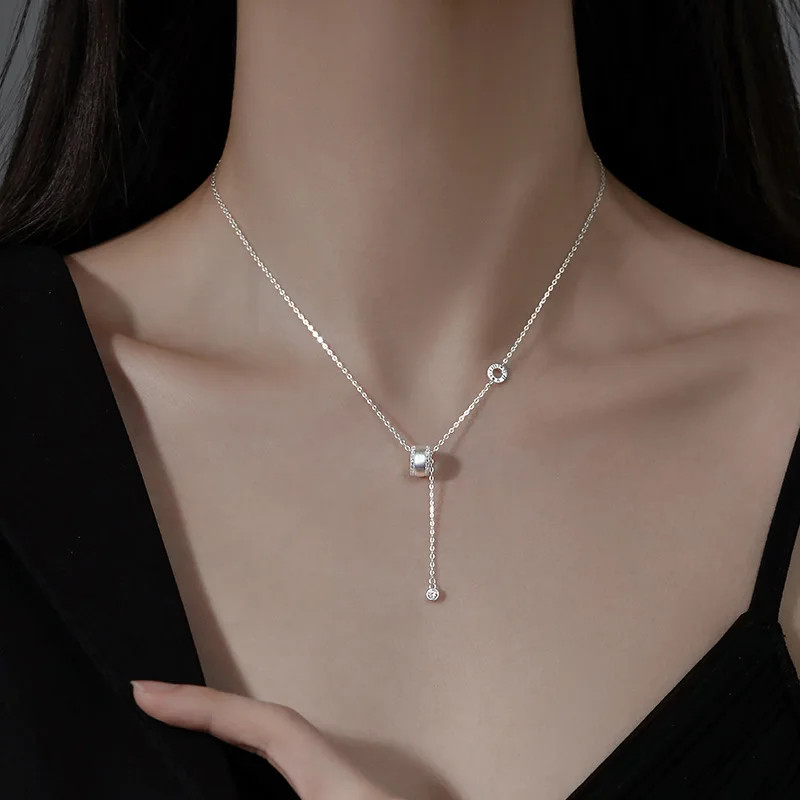 Silver Color Geometry Hollow Round Zircon Tassels Necklaces for Women Fashion Je