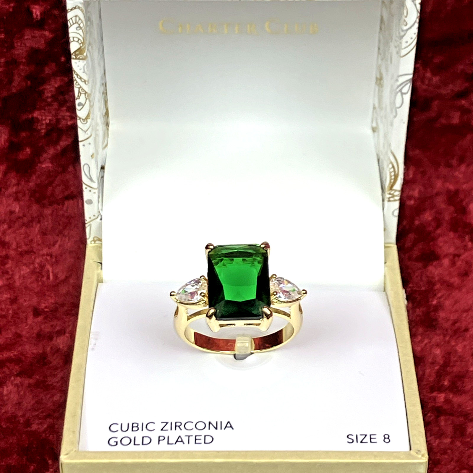 Charter Club Emerald Cut Green Crystal Ring Gold Plated Sz 8 NIB $39
