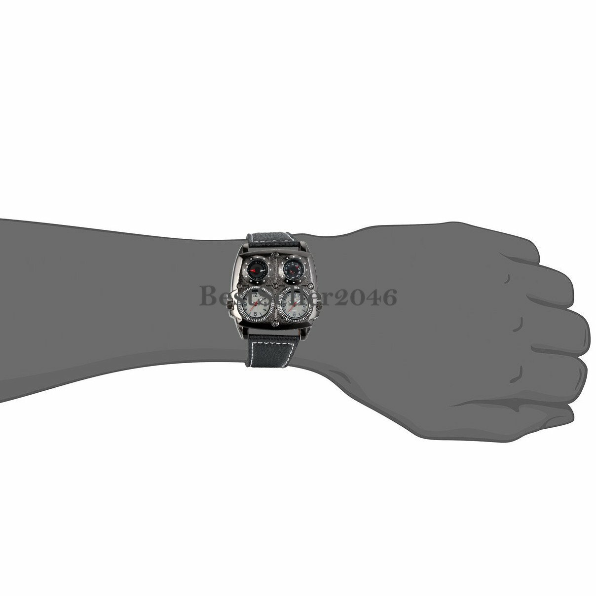 Military Army Dual Time Zone Black Leather Band Mens Analog Quartz Wrist Watch