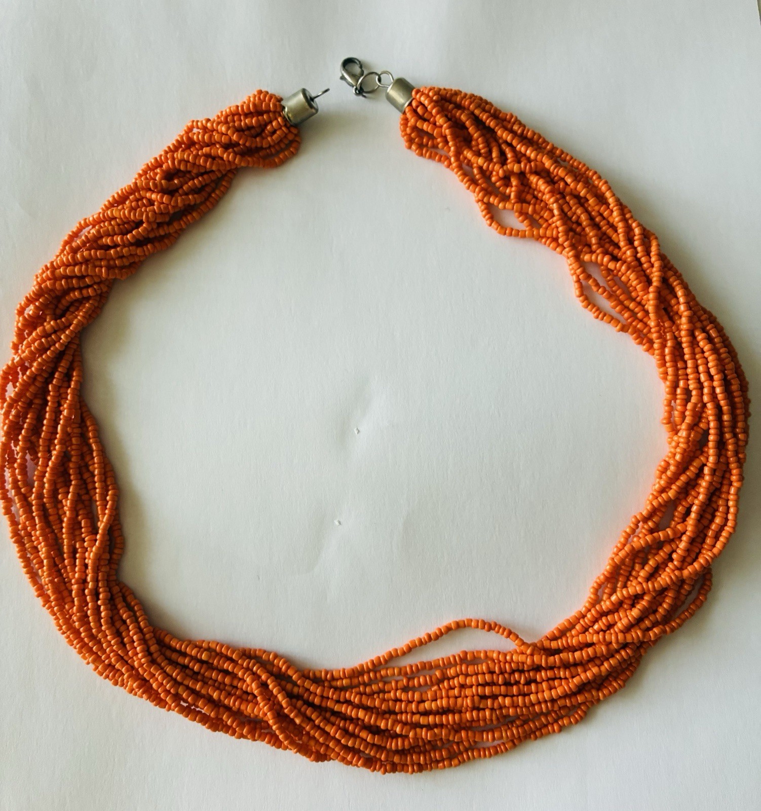 Orange Multi-Strand Glass Seed Bead Statement Necklace, Lobster Clasp, Vintage