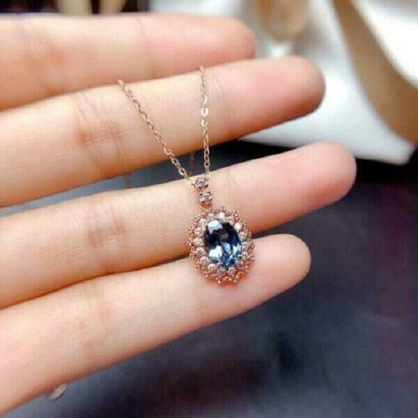 2Ct Oval Cut Blue Topaz Dangle Pendant Necklace 14K Rose Gold Finish Free Chain