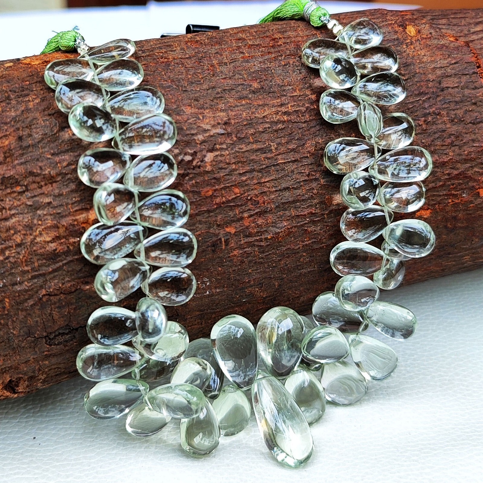 Natural Green Amethyst Prasiolite Gems 12×7 to 13x8mm Smooth Pear Shape Beads 9″