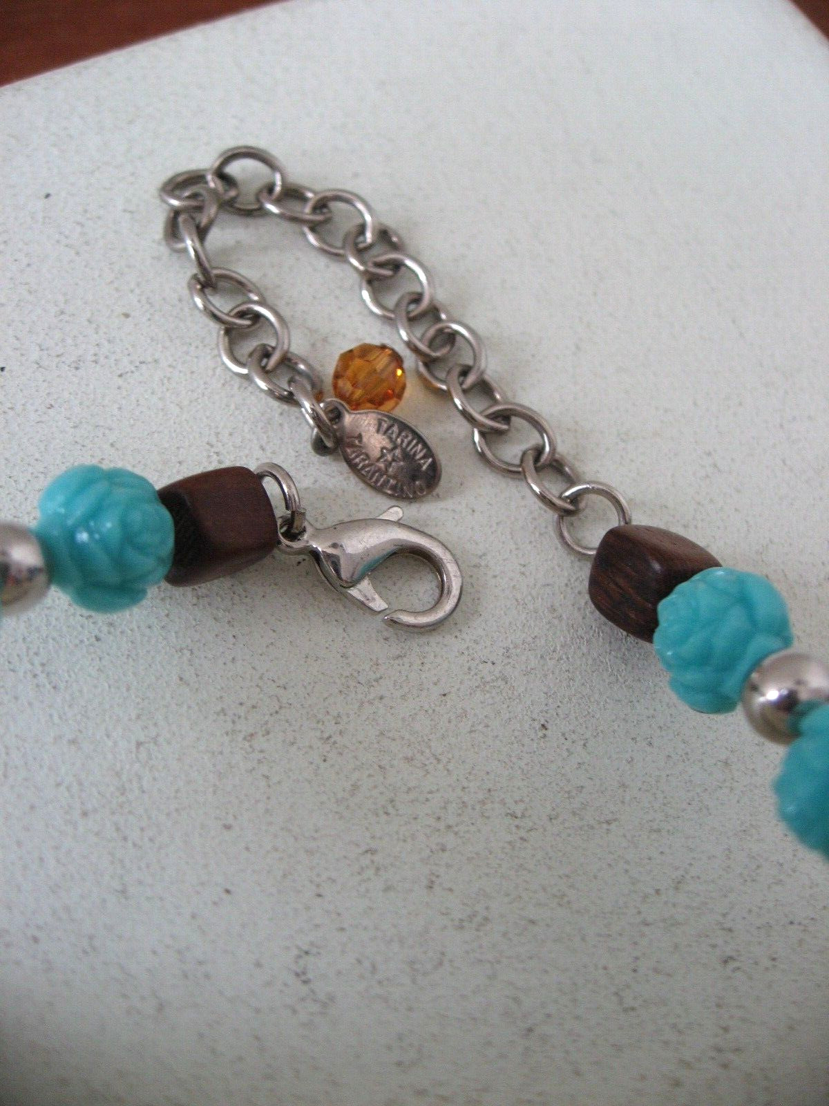 Tarina Tarantino Necklace Carved Rose Wood Crystal Crochet Unworn See Paint Flaw