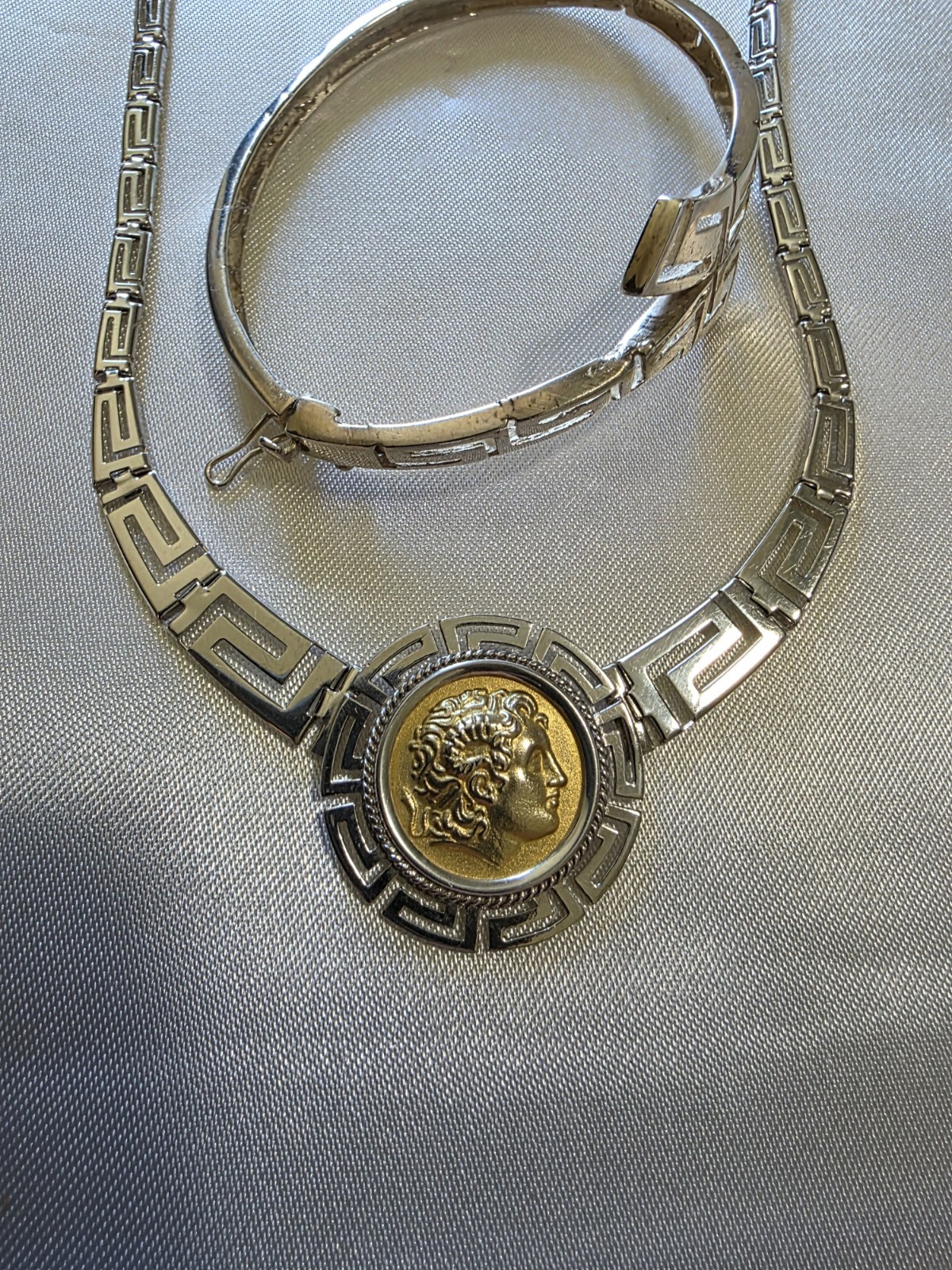 925 Sterling Silver Greek Key Necklace & Bracelet Set Gold-Tone Medallion