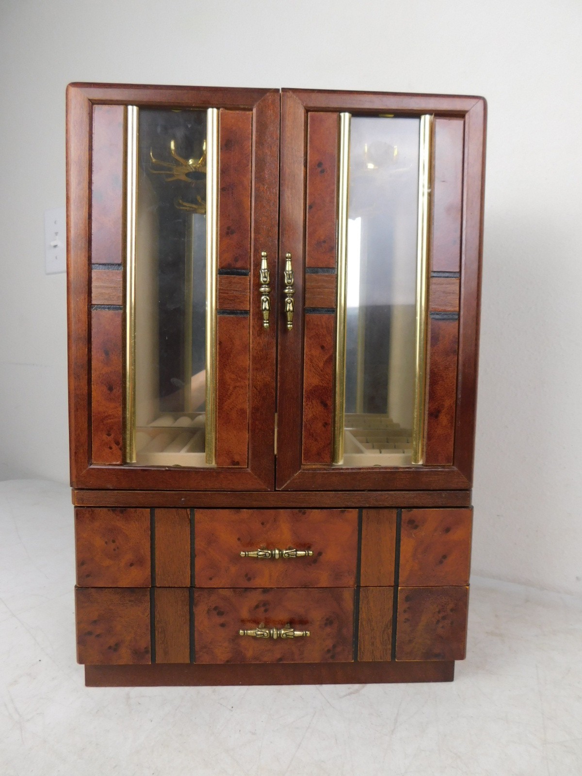 Cute Burl Wood Regency Small Desk Jewelry Cabinet Display Storage Box Table Top