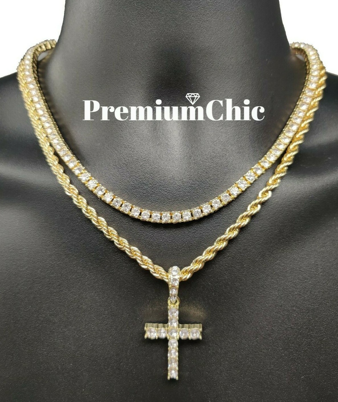 3pc SET, Tennis Choker Rope Chain, Cross Pendant Gold Plated Hip Hop CZ Jewelry