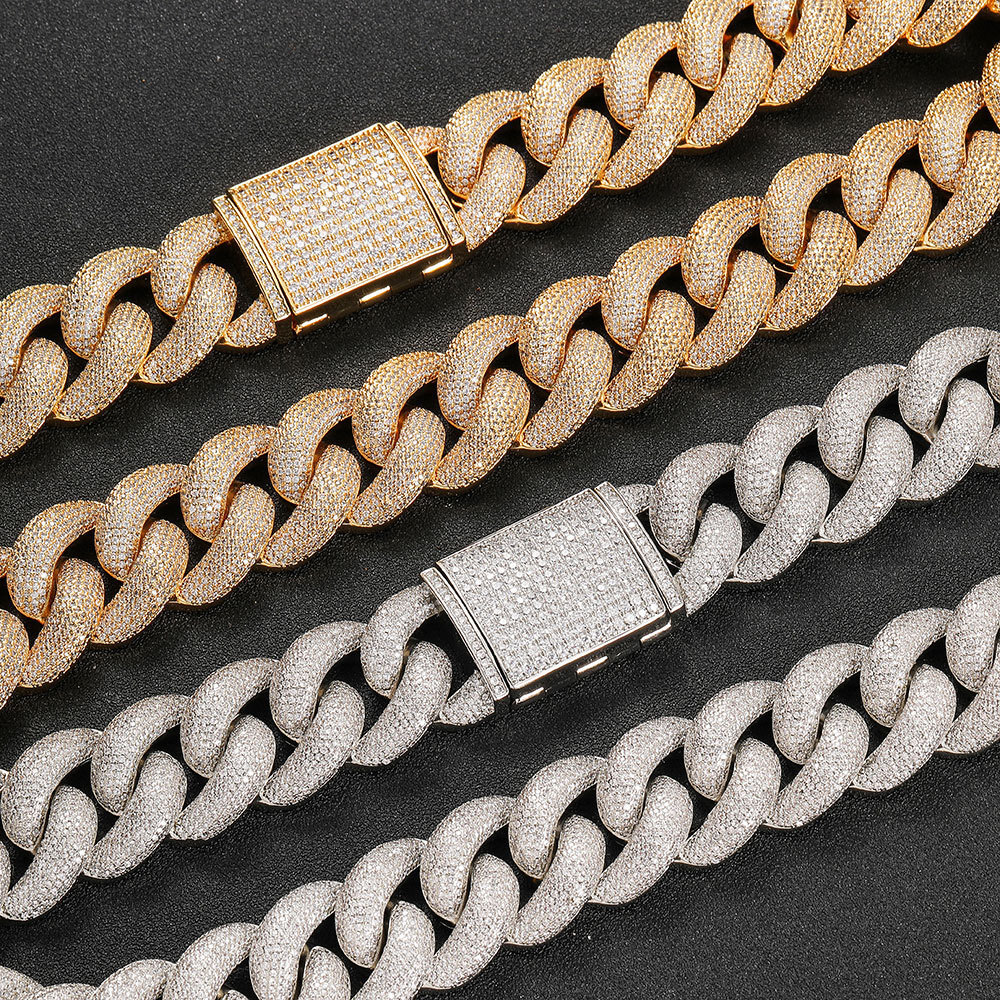 25mm Hip Hop Bubble Cuban Link Chain White CZ Stone 18K Real Gold Plated Jewelry