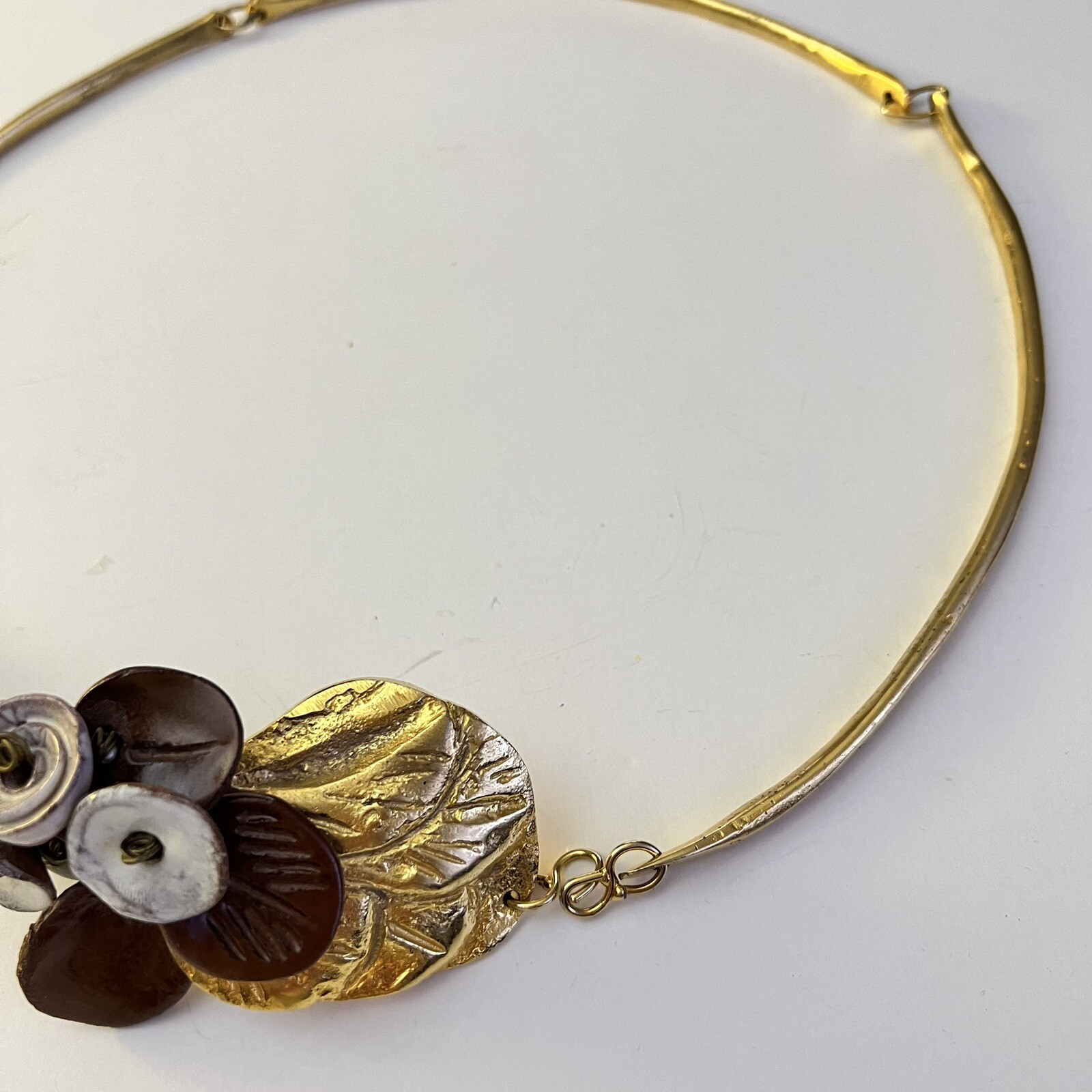 Necklace Designer Mimi Choker 10” Signed Cast Brass Floral Center Vintage