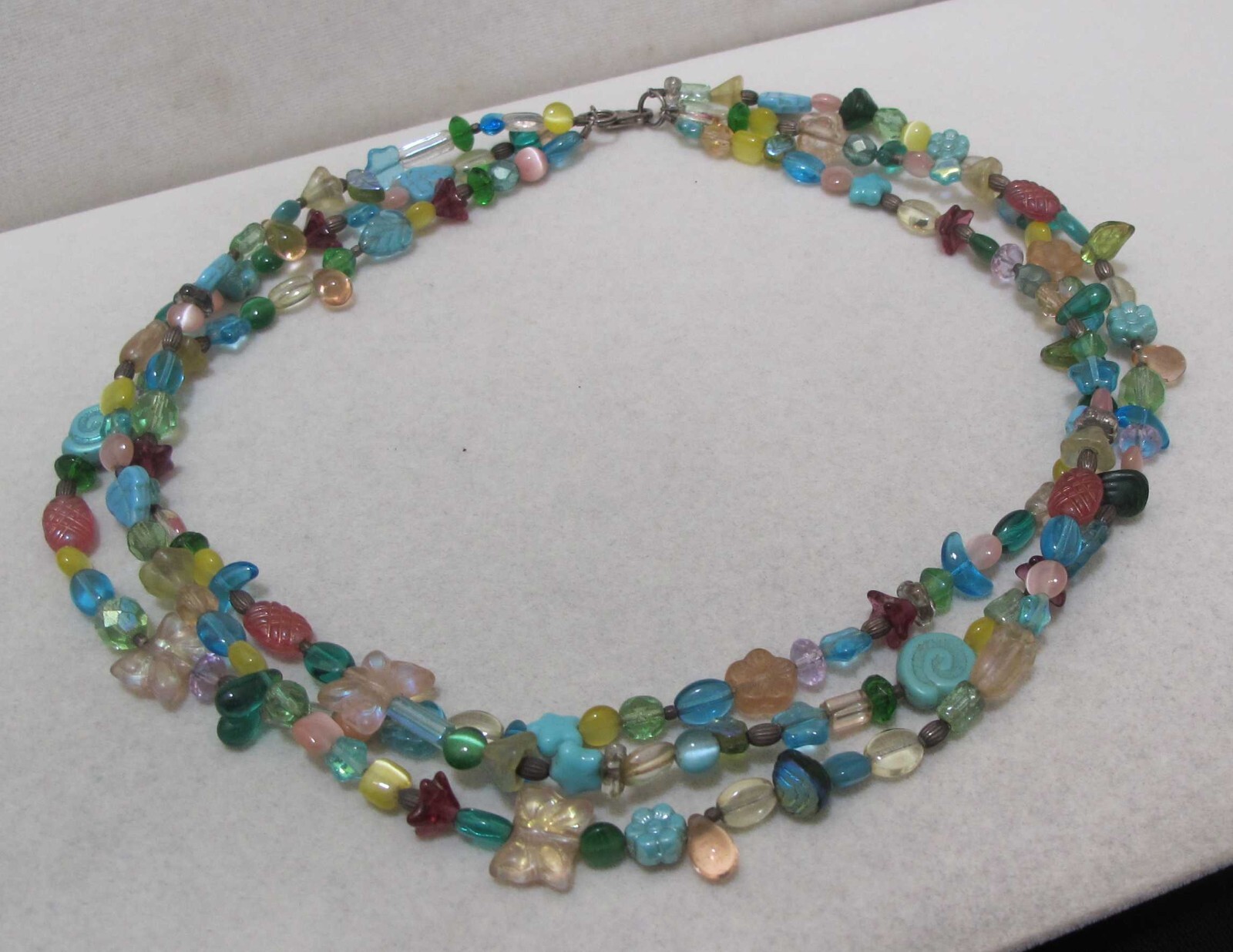 3-Strand Blue Beige Translucent & Iridescent Beads 18” Necklace 925 Clasp